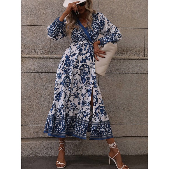Floral Print Lantern long Sleeve Split Thigh midi dress blue white boho - Picture 5 of 7